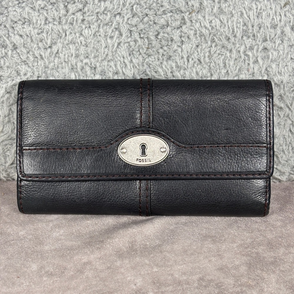 Fossil Wallet Womens OS Black Leather Trifold Clutch Keyhole Logo Organizer